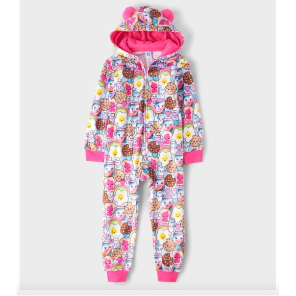 PJ Place Girls Plush Food Print Hooded One Piece Pajamas Size 5/6 - Picture 1 of 6